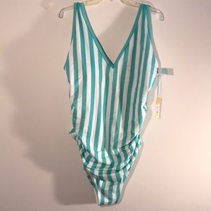 Kona Sol, Size 24W Turquoise and white striped one piece swimsuit